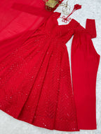 Lorenvalley Fashion Red Faux Georgette Lukhnowi Sequence Work Anarkali Kurta Pant With Dupatta Set | Grocsy