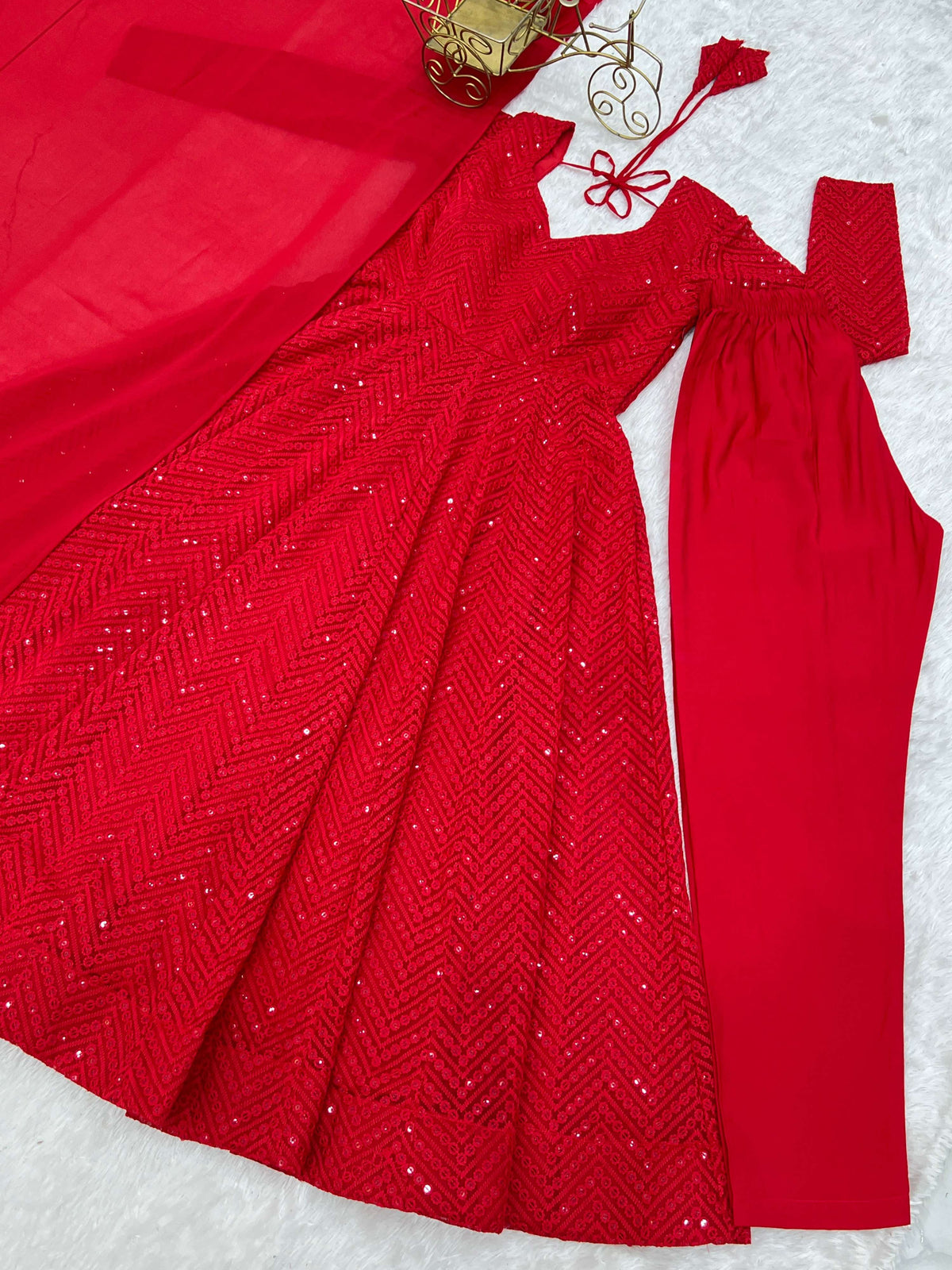 Lorenvalley Fashion Red Faux Georgette Lukhnowi Sequence Work Anarkali Kurta Pant With Dupatta Set | Grocsy