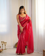 Lorenvalley Ready to wear Crush Tissue Silk Fabric Fancy Boarder Premium Lace Work Predrapped Saree - Red | Grocsy