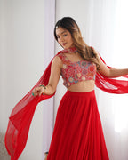 Lorenvalley Red Faux Georgette Stitched Lehenga Embroidery Blouse with Dupatta | Grocsy