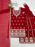 Evanik Red Faux Georgette Embroidery Dori, Sequence And Thread Work Kurta Palazzo With Dupatta | Grocsy