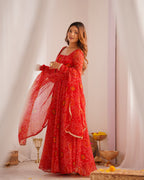 Lorenvalley Women Soft Lightweight Chiffon Bandhej Print Fabric Anarkali Kurta Pant With Dupatta Set | Grocsy