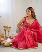 Lorenvalley Ready to wear Crush Tissue Silk Fabric Fancy Boarder Premium Lace Work Predrapped Saree - Red | Grocsy