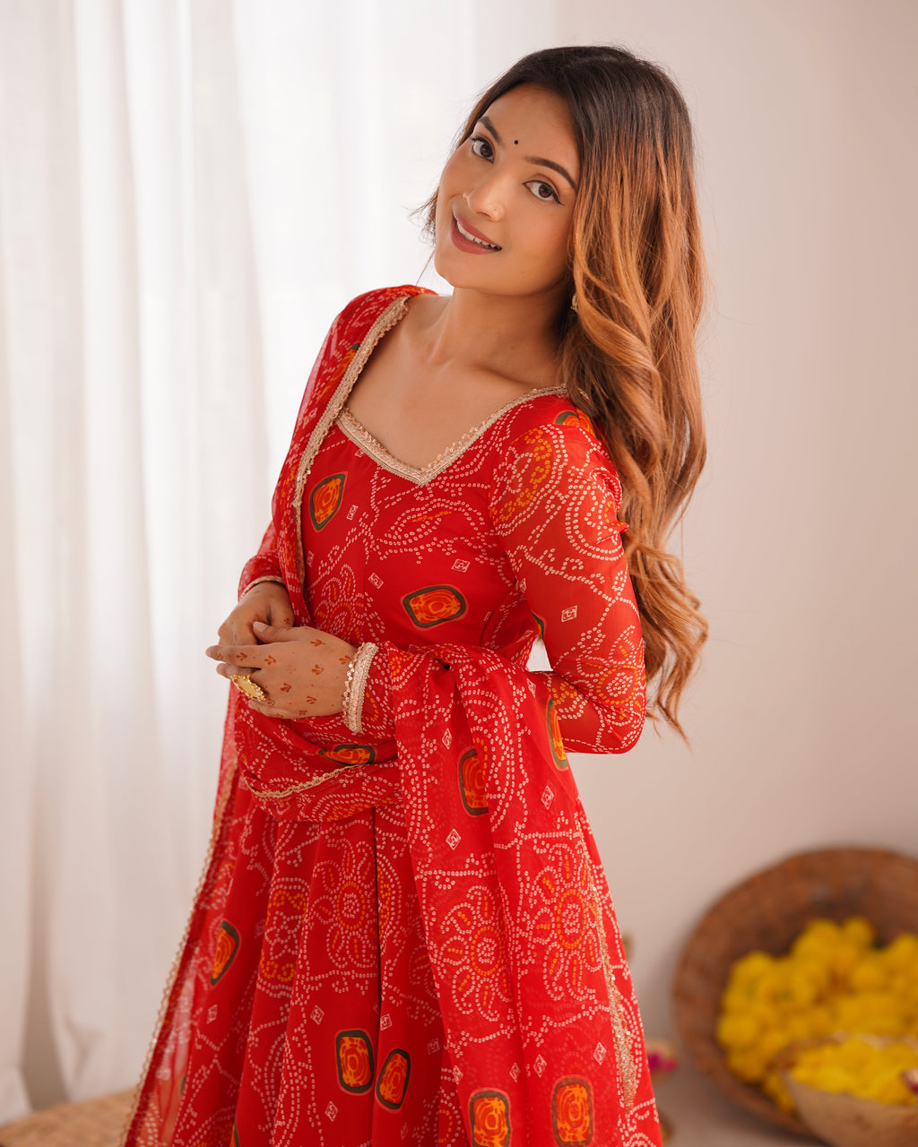 Lorenvalley Women Soft Lightweight Chiffon Bandhej Print Fabric Anarkali Kurta Pant With Dupatta Set | Grocsy