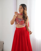 Lorenvalley Red Faux Georgette Stitched Lehenga Embroidery Blouse with Dupatta | Grocsy