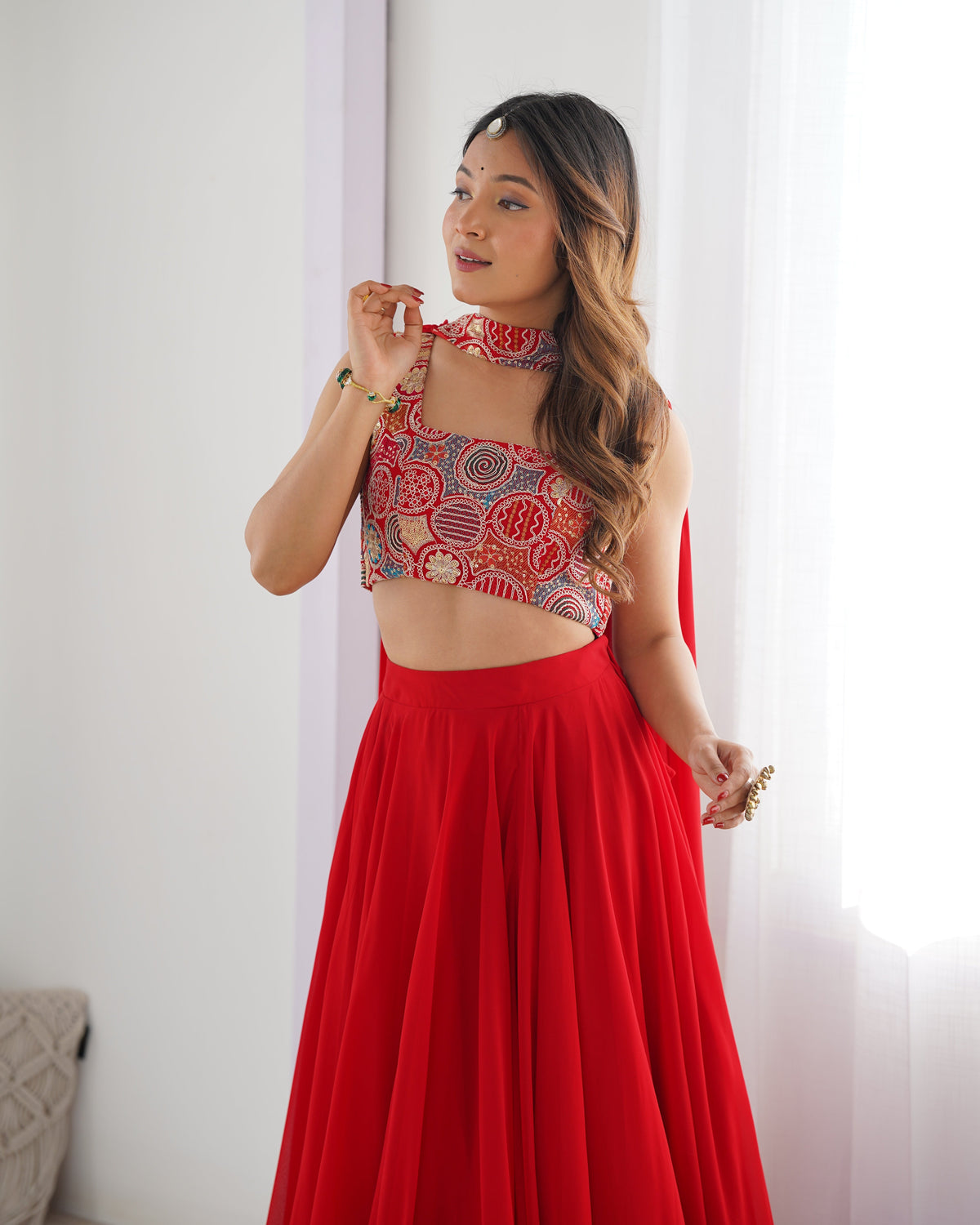 Lorenvalley Red Faux Georgette Stitched Lehenga Embroidery Blouse with Dupatta | Grocsy