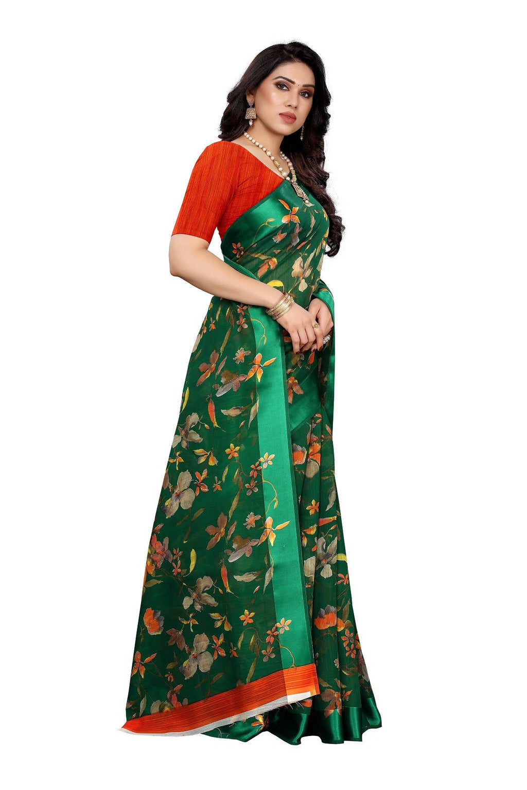 Vamika Green Linen Satin Patta Saree (MANSI GREEN) | Grocsy