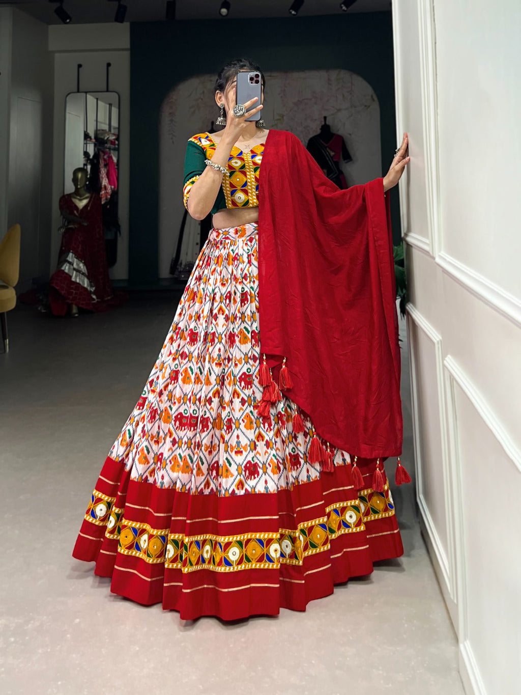 Lorenvalley Red Dola Silk and Cotton with Patola Print With Foil Work And Original Mirror Gamthi Lace Lehenga Choli | Grocsy