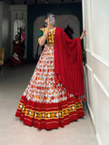 Lorenvalley Red Dola Silk and Cotton with Patola Print With Foil Work And Original Mirror Gamthi Lace Lehenga Choli | Grocsy
