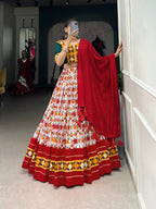Lorenvalley Red Dola Silk and Cotton with Patola Print With Foil Work And Original Mirror Gamthi Lace Lehenga Choli | Grocsy