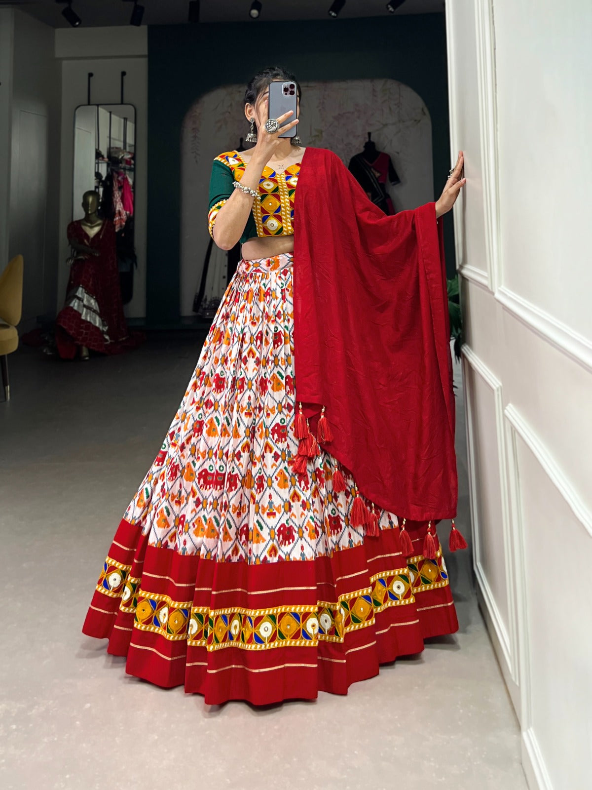 Lorenvalley Red Dola Silk and Cotton with Patola Print With Foil Work And Original Mirror Gamthi Lace Lehenga Choli | Grocsy