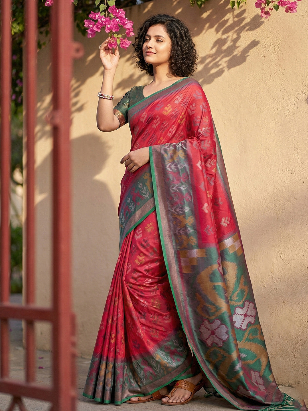 Anaita Red Pochampally Printed Saree With Blouse | Grocsy