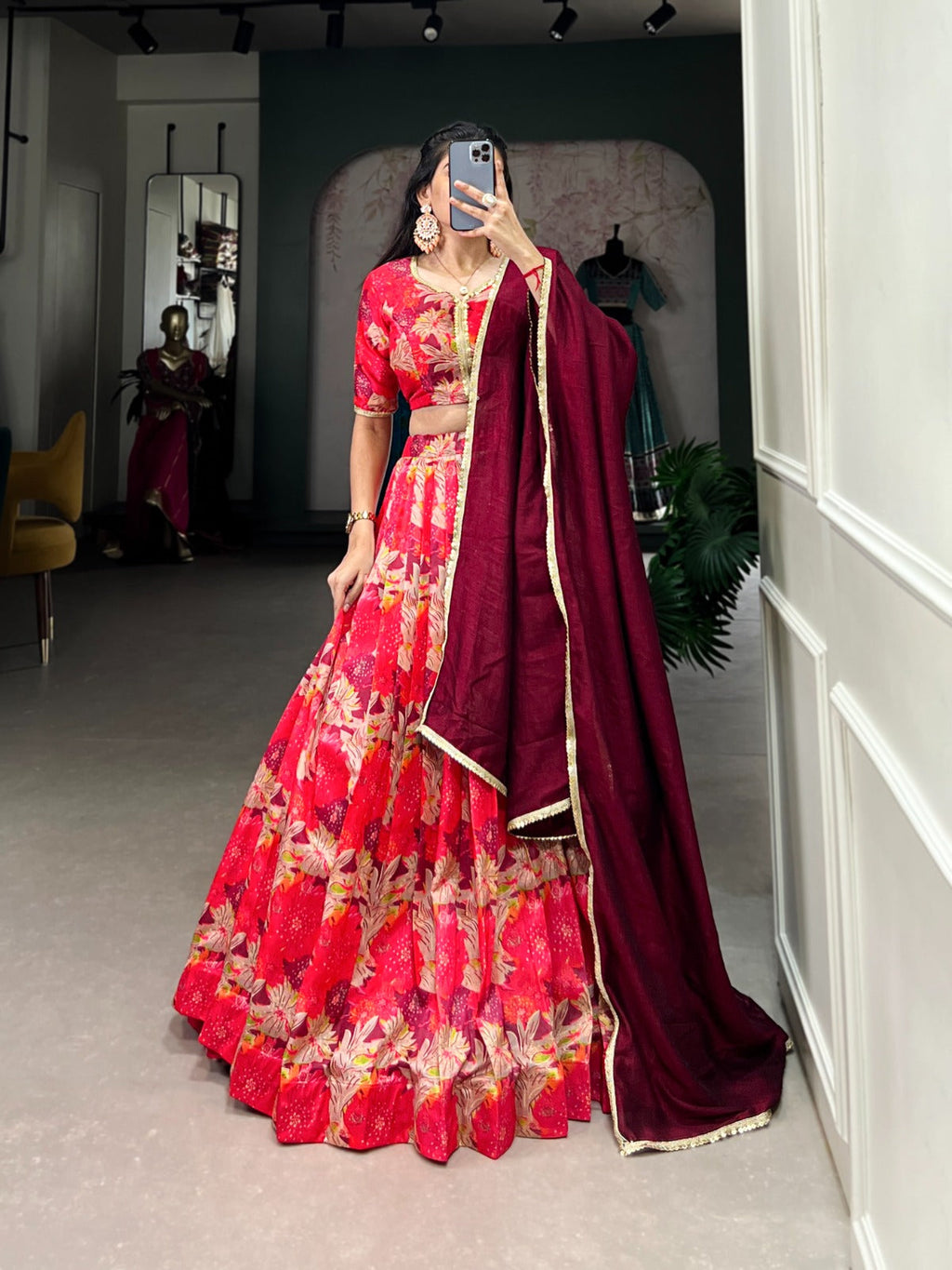 Lorenvalley Red Tussar Silk Printed Lehenga Choli | Grocsy