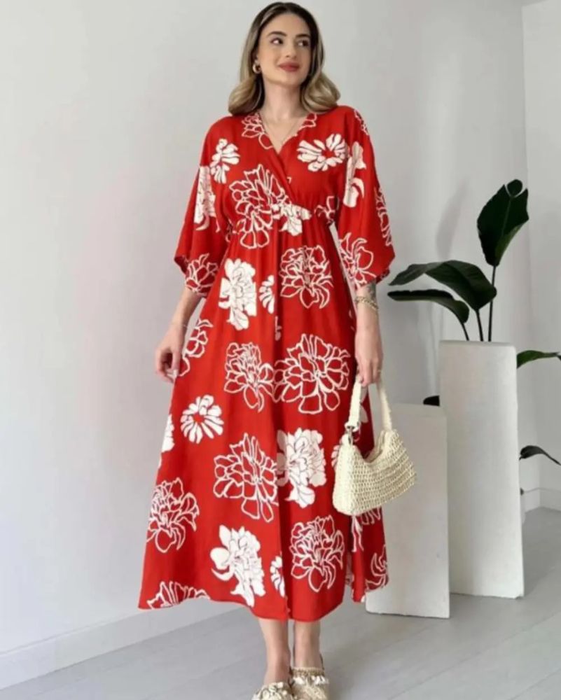 Pimu Front Slit Midi Dresses V-neck Designs For Women Party Wear - Red | Grocsy