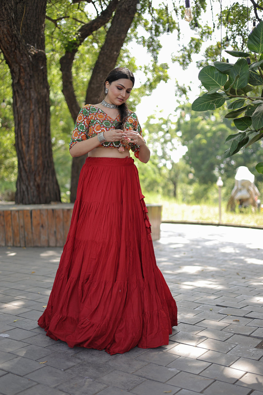 Lorenvalley Red Premium Rayon Lehenga with Georgette Embroidered Traditional Thread work Choli | Grocsy