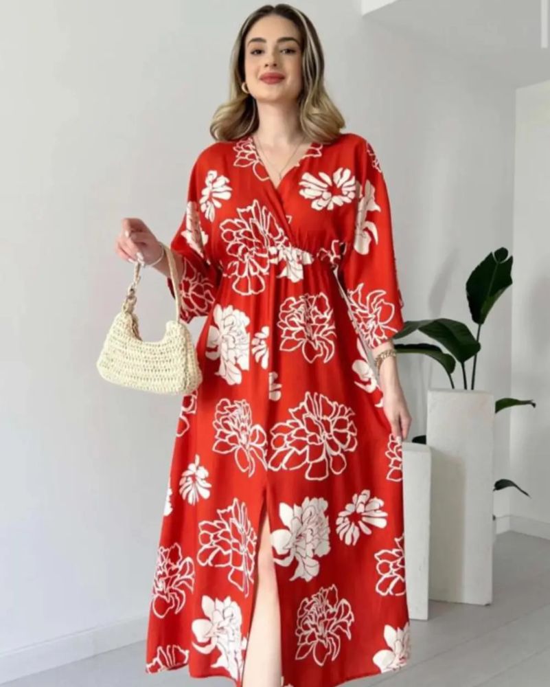 Pimu Front Slit Midi Dresses V-neck Designs For Women Party Wear - Red | Grocsy