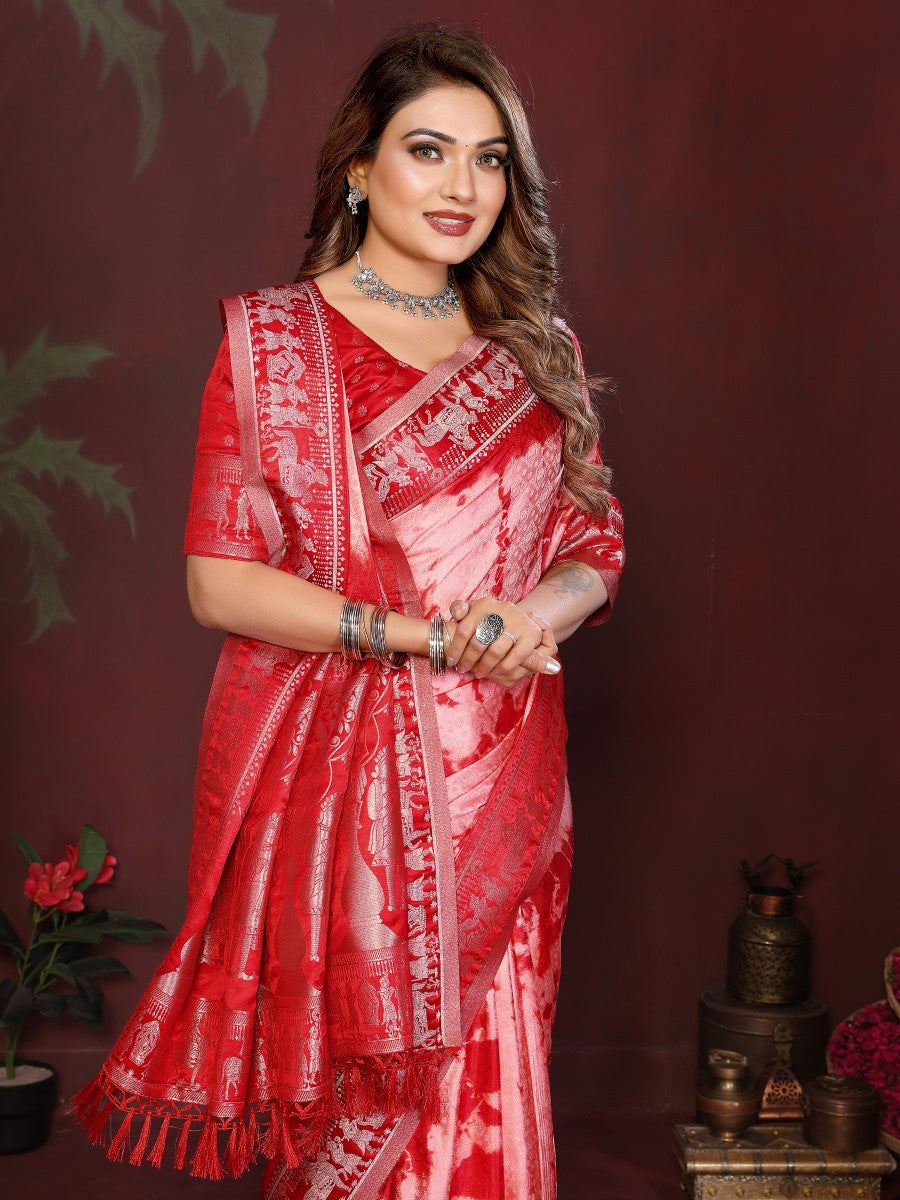 Anaita Red Zari Weaving Work Satin Silk Saree With Blouse | Grocsy