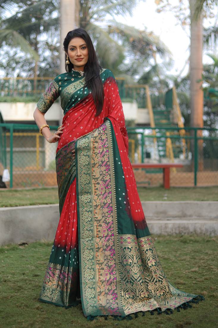 Anaita Red Woven Design Pure Bandhej Kanjivaram Soft Silk Saree | Grocsy