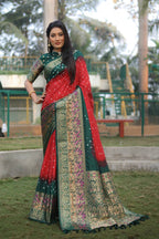Anaita Red Woven Design Pure Bandhej Kanjivaram Soft Silk Saree | Grocsy