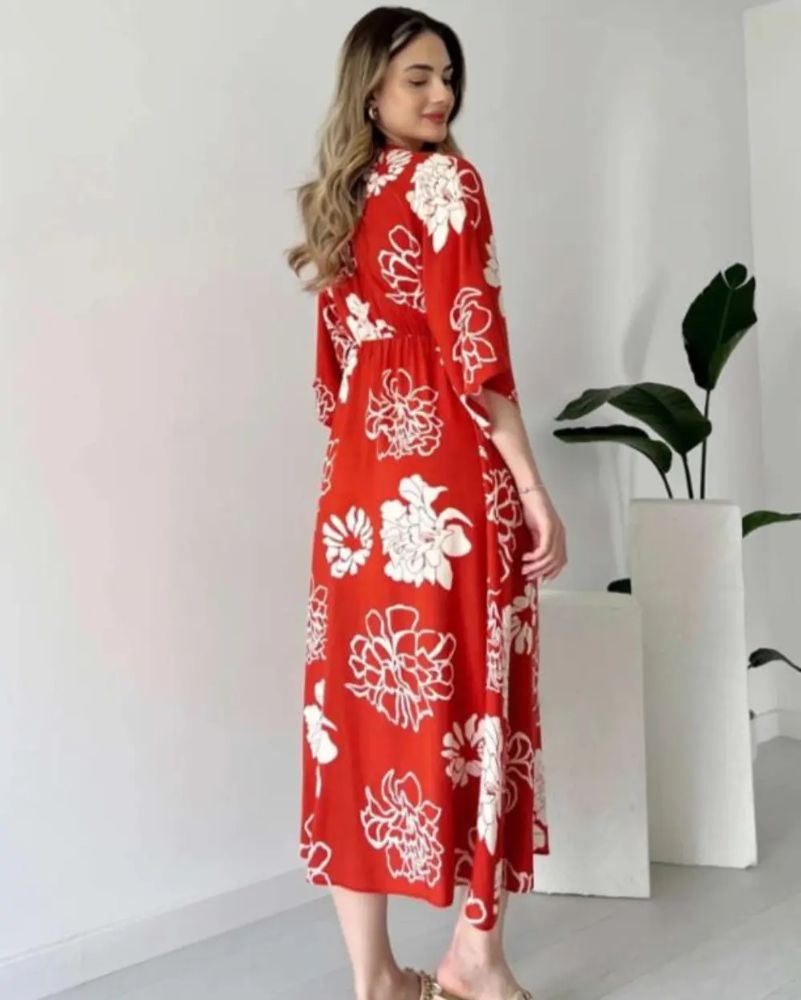 Pimu Front Slit Midi Dresses V-neck Designs For Women Party Wear - Red | Grocsy