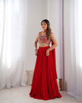 Lorenvalley Red Faux Georgette Stitched Lehenga Embroidery Blouse with Dupatta | Grocsy
