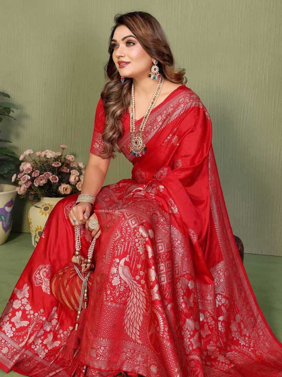 Anaita Red Zari Butta Work Satin Silk Saree With Blouse | Grocsy