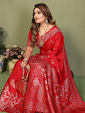 Anaita Red Zari Butta Work Satin Silk Saree With Blouse | Grocsy