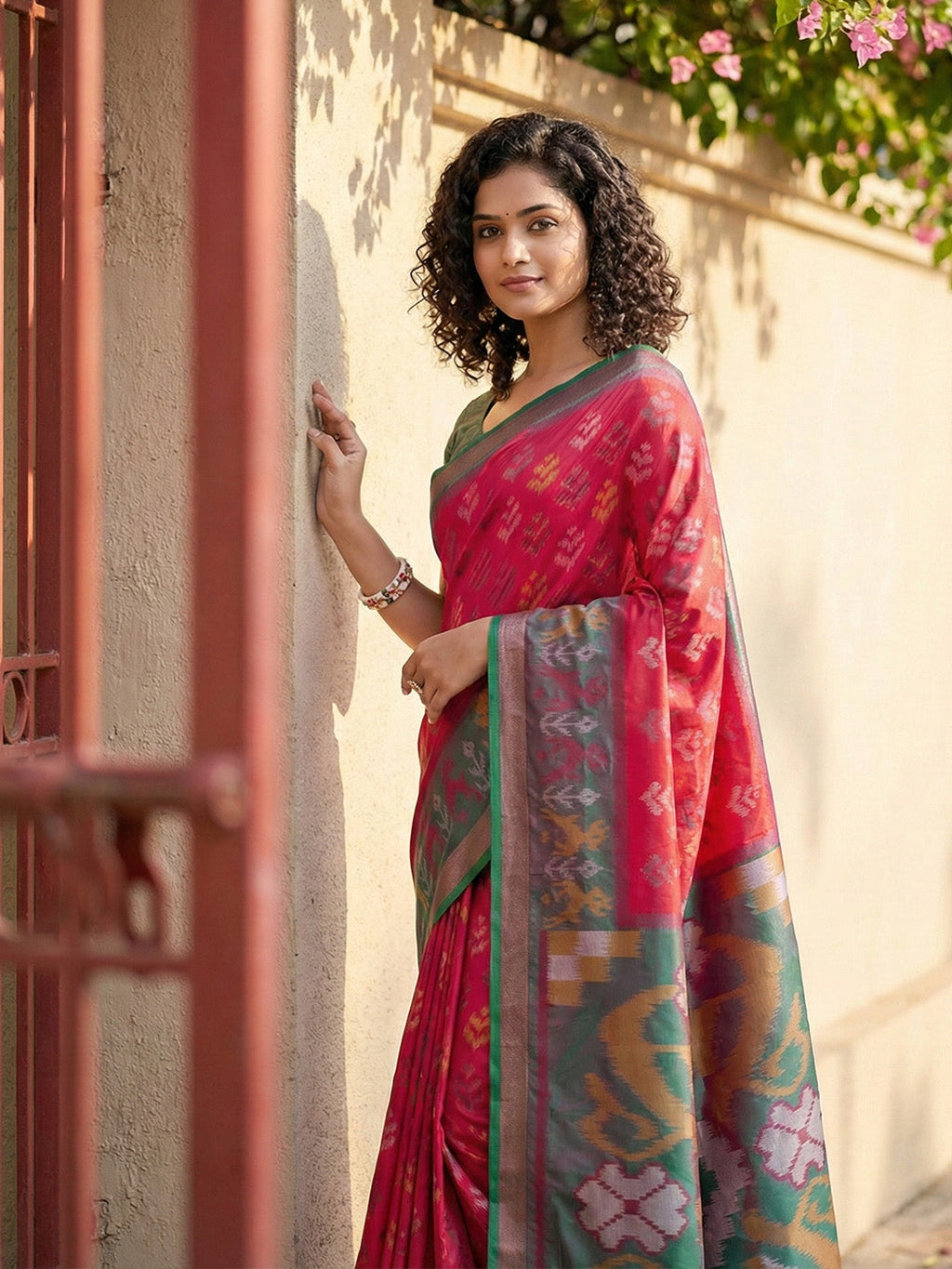 Anaita Red Pochampally Printed Saree With Blouse | Grocsy