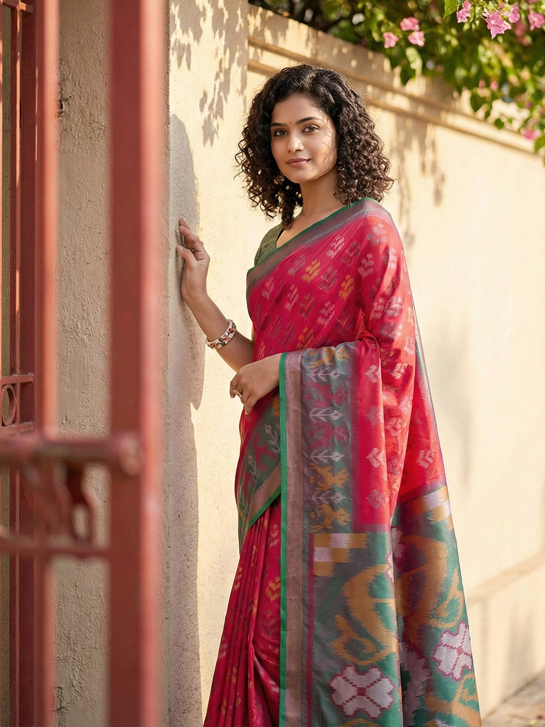 Anaita Red Pochampally Printed Saree With Blouse | Grocsy