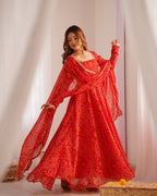 Lorenvalley Women Soft Lightweight Chiffon Bandhej Print Fabric Anarkali Kurta Pant With Dupatta Set | Grocsy