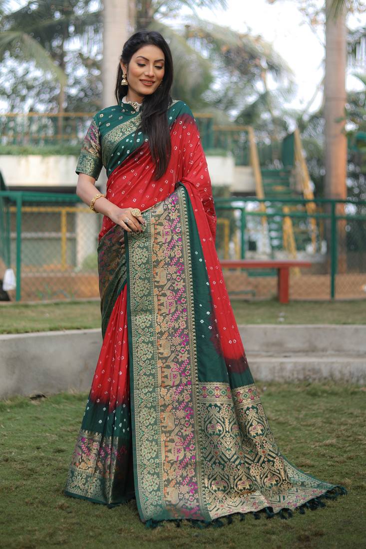 Anaita Red Woven Design Pure Bandhej Kanjivaram Soft Silk Saree | Grocsy