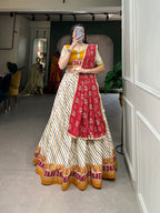 Lorenvalley White And Red Pure Cotton Leheriya With Patola Print Lehenga Choli With Dupatta | Grocsy