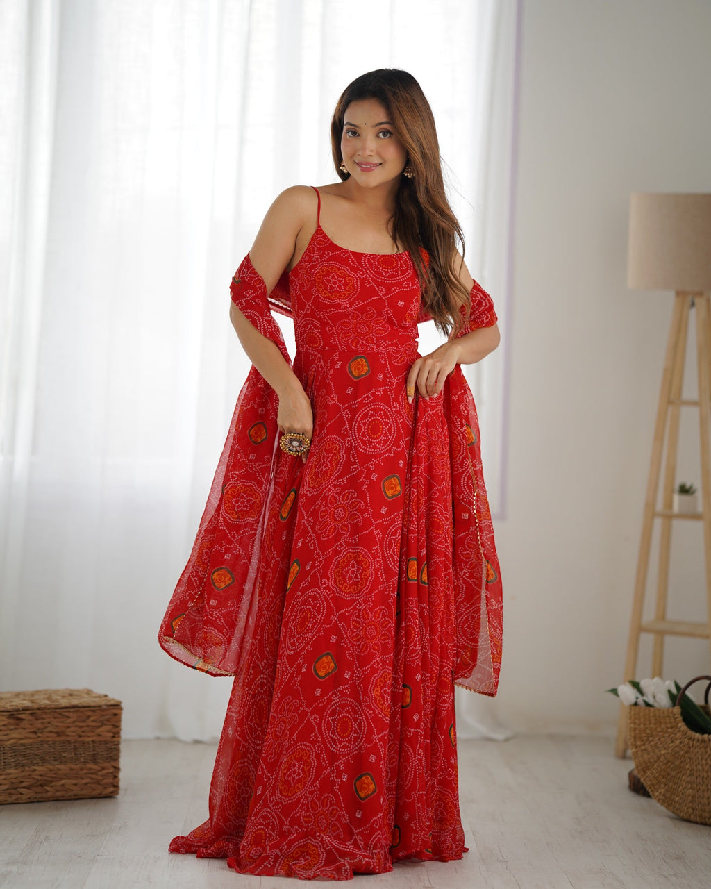 Lorenvalley Fashion Red Soft Chiffon Bandhej Fabric Print Fully Flair Anarkali With Pant Dupatta Set | Grocsy