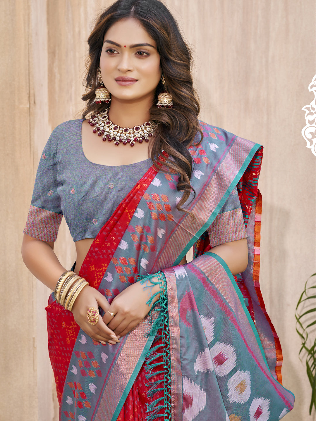 Anaita Red Pochampally Silk Saree With Floral Printed Work With Blouse | Grocsy