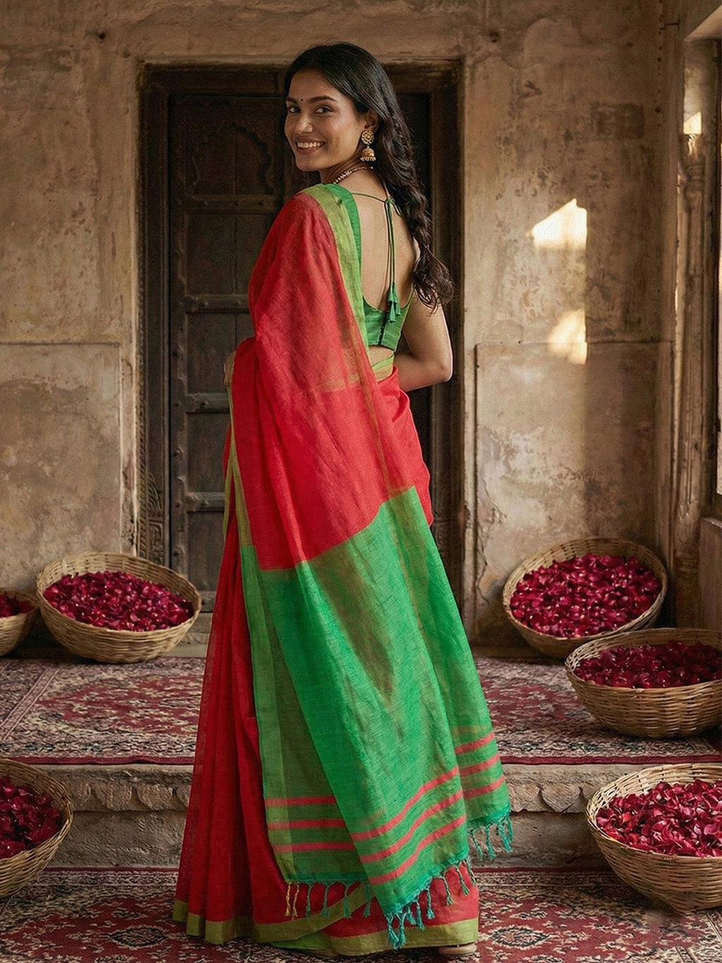 Anaita Red Cotton Printed Saree With Blouse | Grocsy