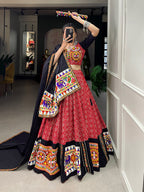 Lorenvalley Red Pure Cotton Lehenga Choli Embellishes With Gamthi Work And Mirror Work Touch Up To Make Everyone Feel The Stories Of Navratri Traditions | Grocsy