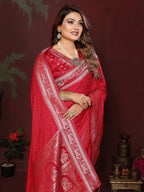 Anaita Red Zari Weaving Work Satin Silk Saree With Blouse | Grocsy