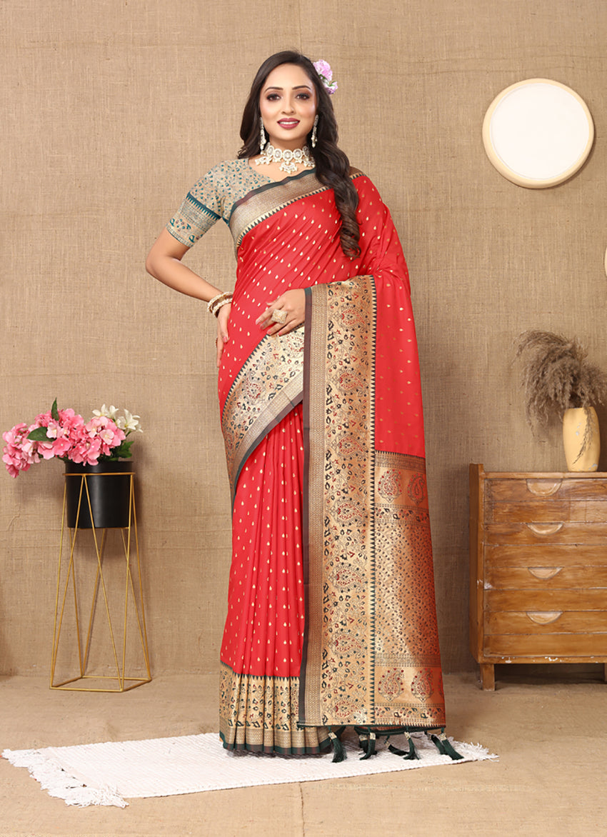 Lorenvalley Fashion Red Soft Silk weaving Design Rich Zari Weaving Saree | Grocsy