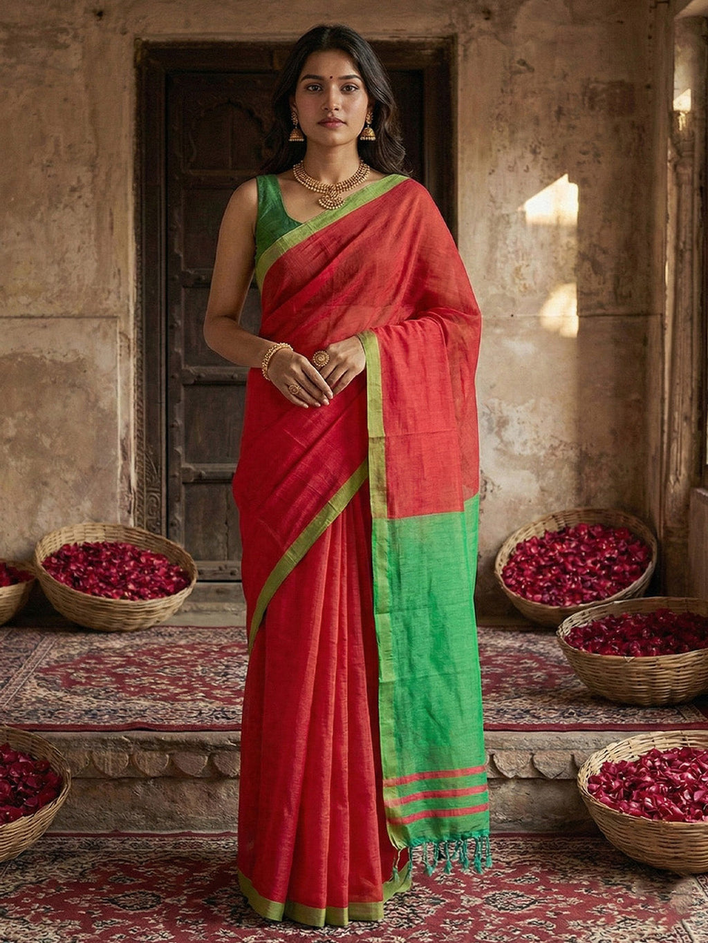 Anaita Red Cotton Printed Saree With Blouse | Grocsy