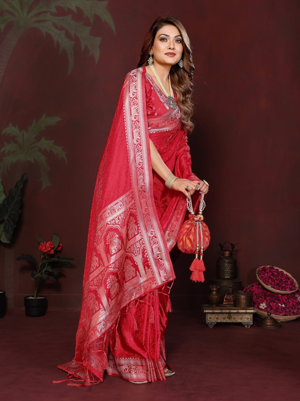 Anaita Red Zari Weaving Work Satin Silk Saree With Blouse | Grocsy