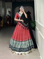 Lorenvalley Red Rayon with Bandhej And Ajarakh Print With Embossed Design Gota Lace Touch up Lehenga Choli | Grocsy