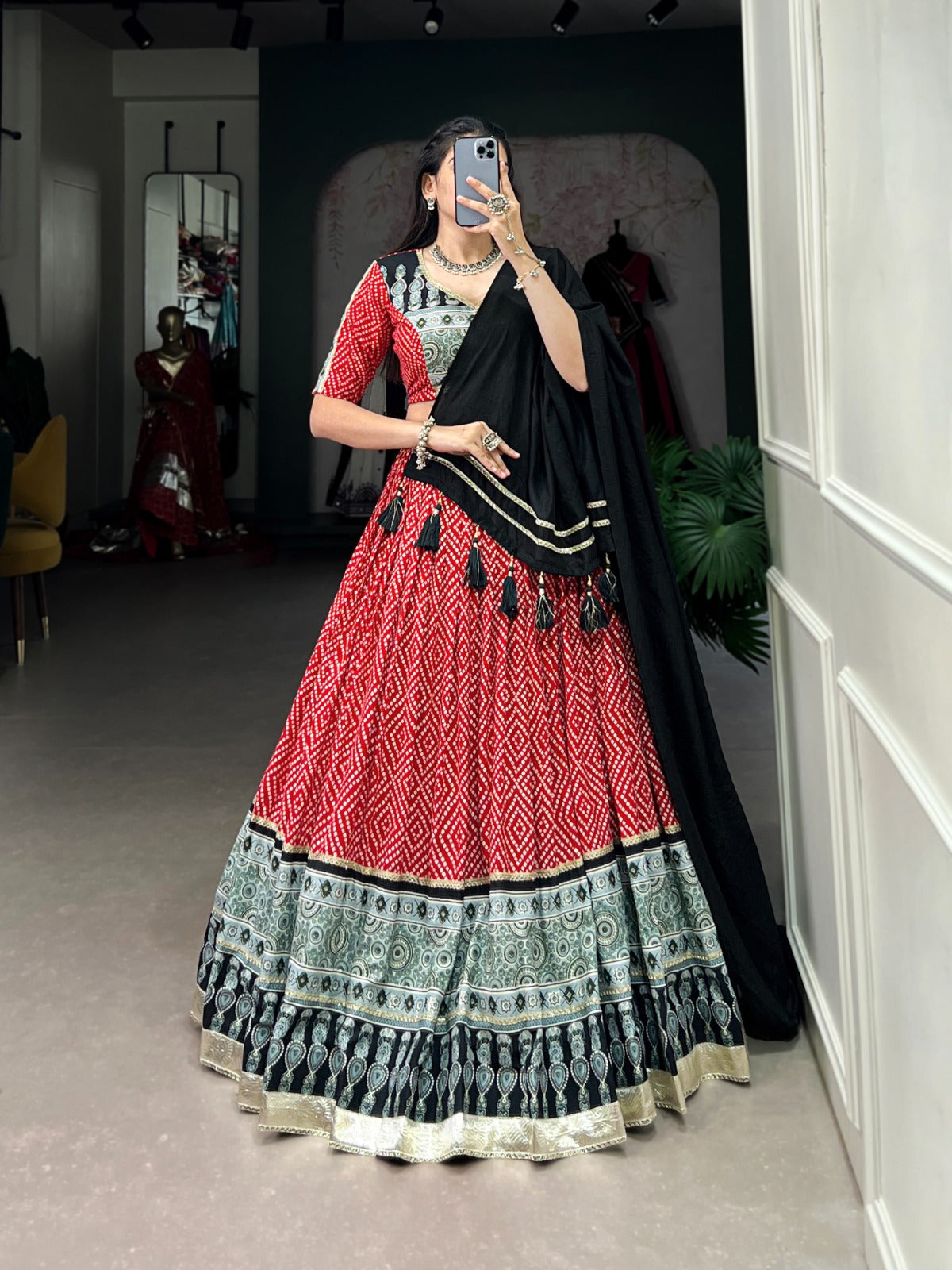 Lorenvalley Red Rayon with Bandhej And Ajarakh Print With Embossed Design Gota Lace Touch up Lehenga Choli | Grocsy