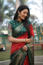 Anaita Red Woven Design Pure Bandhej Kanjivaram Soft Silk Saree | Grocsy