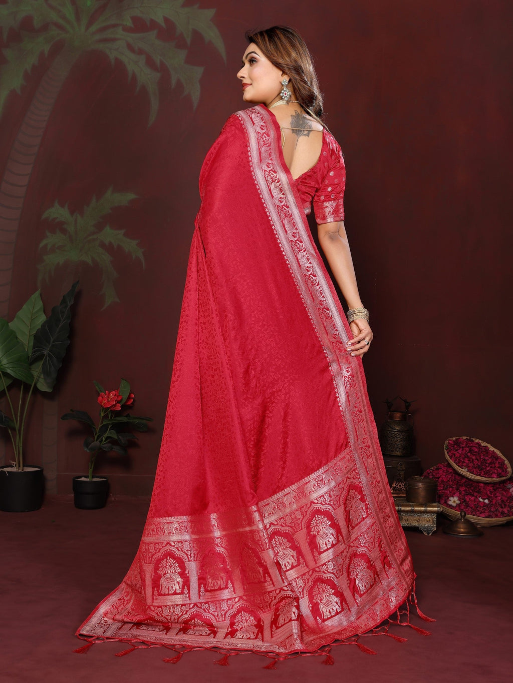 Anaita Red Zari Weaving Work Satin Silk Saree With Blouse | Grocsy