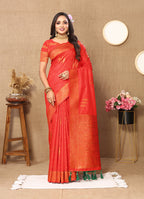 Lorenvalley Fashion Red Soft Silk Copper Zari weaving Design Saree | Grocsy