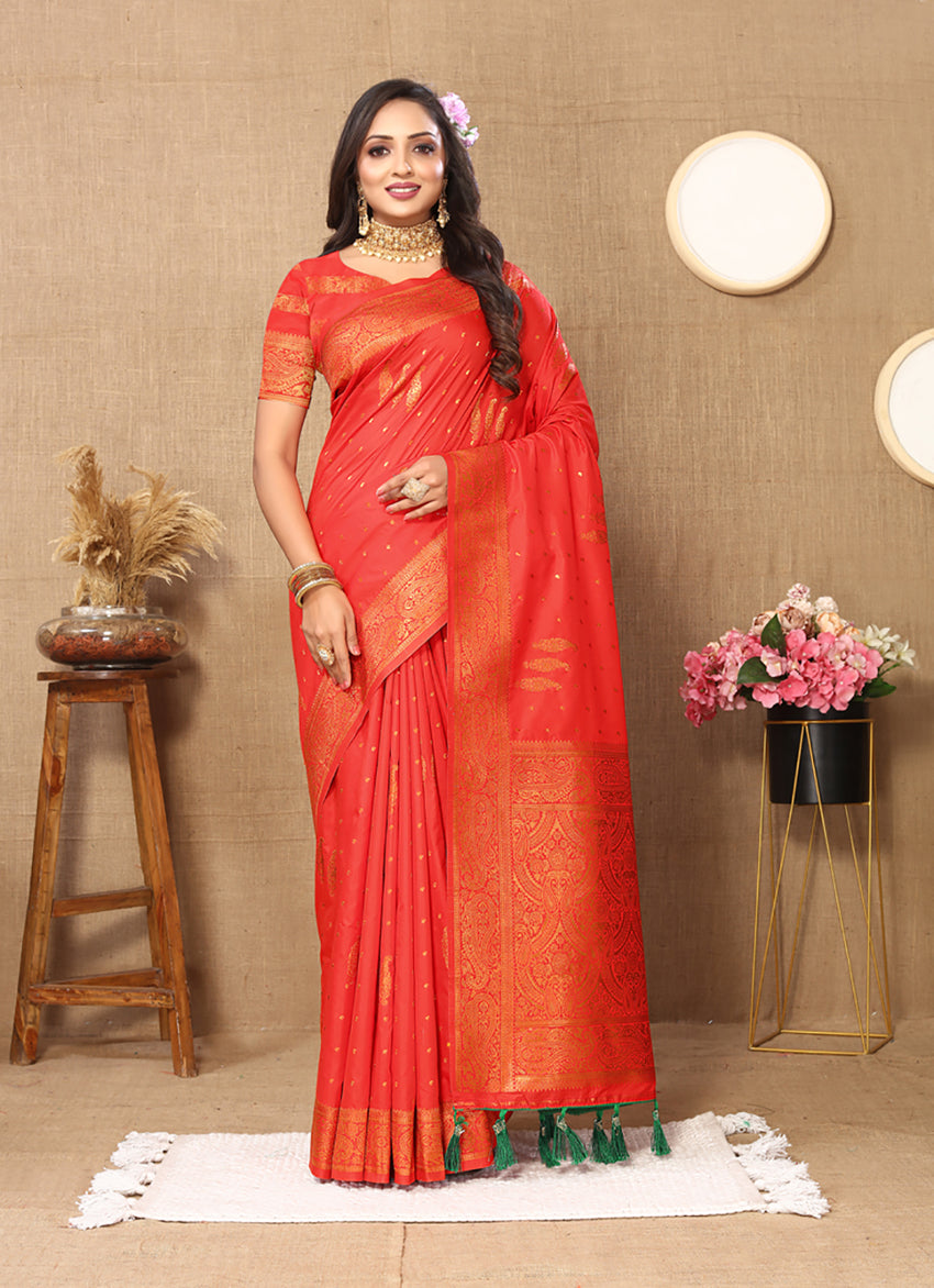 Lorenvalley Fashion Red Soft Silk Copper Zari weaving Design Saree | Grocsy