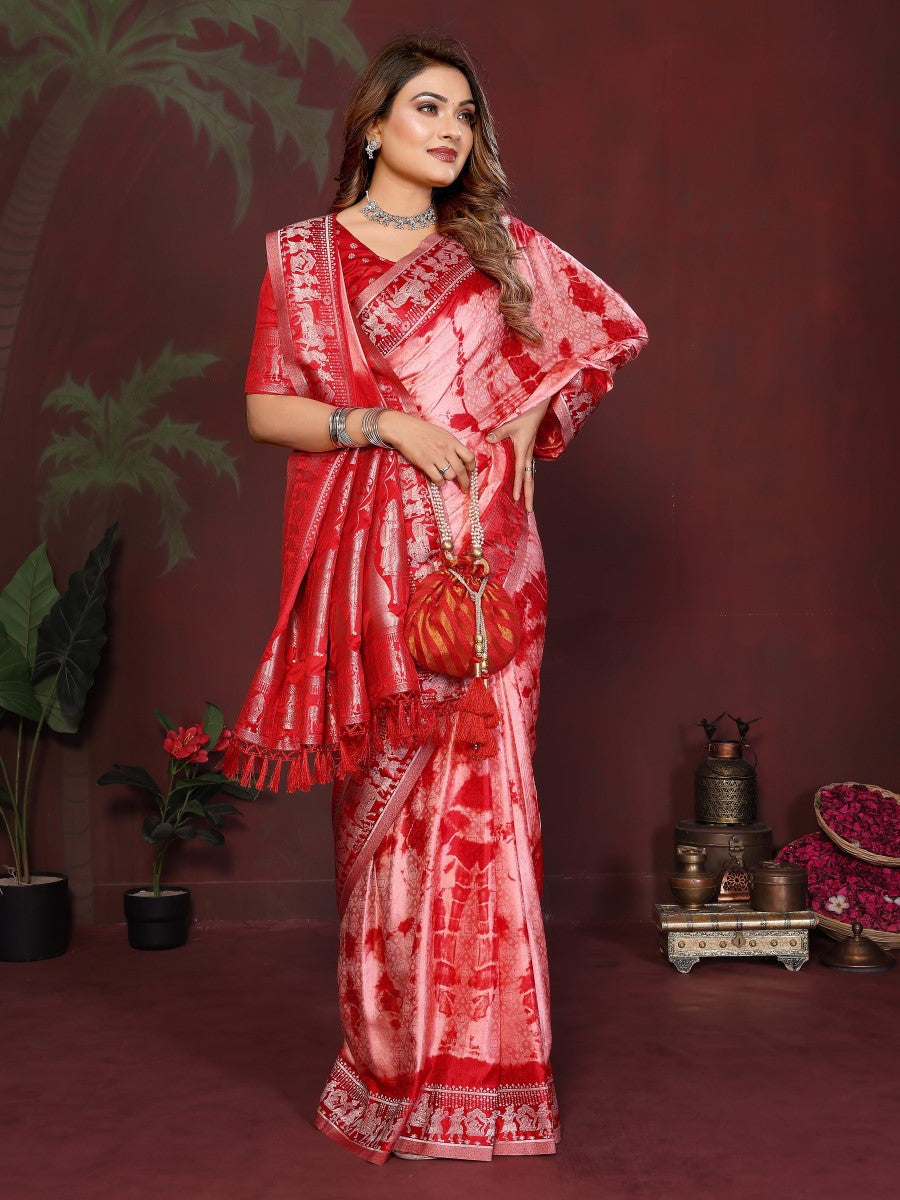 Anaita Red Zari Weaving Work Satin Silk Saree With Blouse | Grocsy