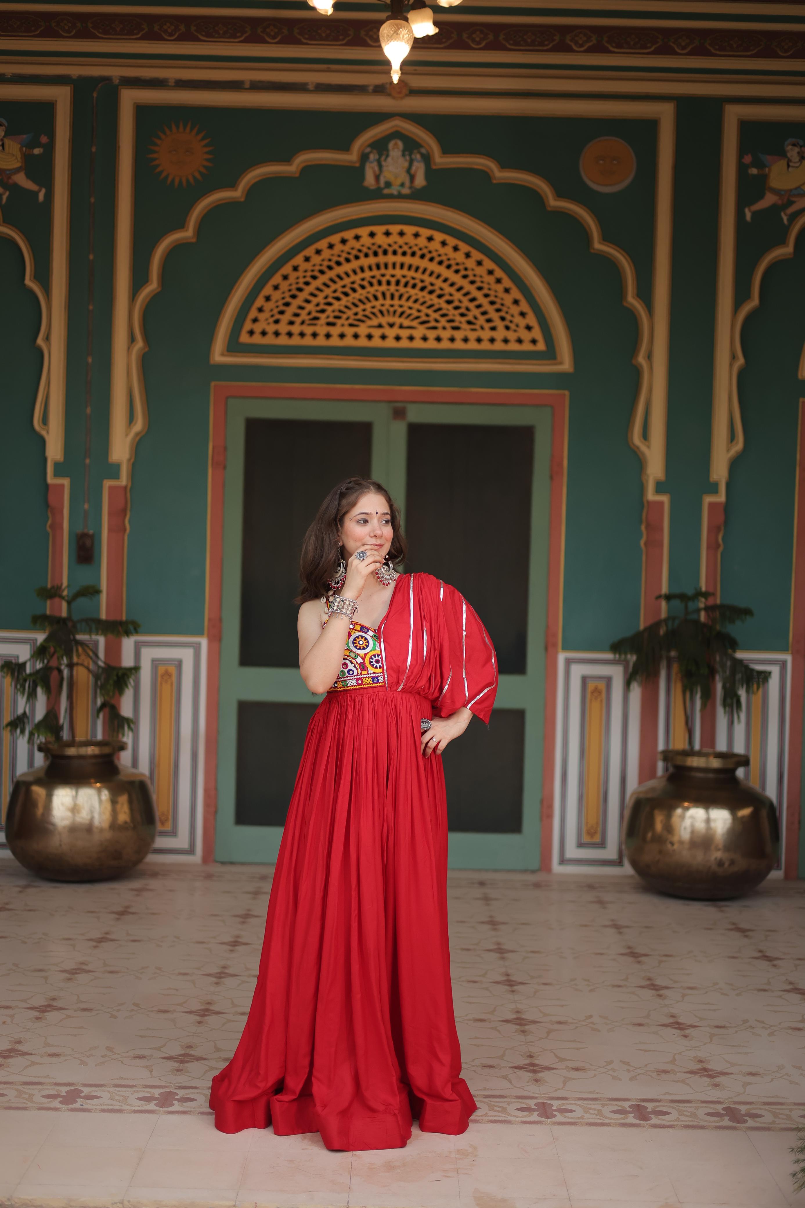 Lorenvalley Red Rayon Fabric with Designer Lace Gown | Grocsy