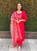 Lorenvalley Fashion Red Roman Silk Hand Work Kurta Pant with Dupatta | Grocsy