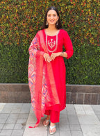 Lorenvalley Fashion Red Roman Silk Hand Work Kurta Pant with Dupatta | Grocsy